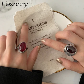 FOXANRY Сребърен пръстен с червен цирконий за жени, модерен елегантен кух геометрично винтажное луксозно пръстен ръчно изработени бижута за партита