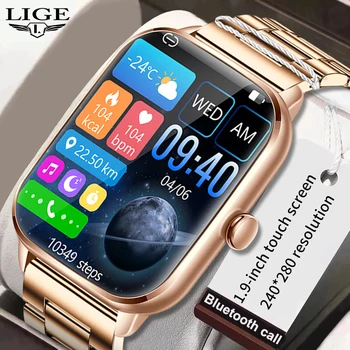 LIGE Умни Часовници Дамски 1,9 Инча(А) А) Full Touch HD Екран Wirst Часовници Bluetooth Предизвикателство Фитнес Smartwatch за Жени, Розово-Златист