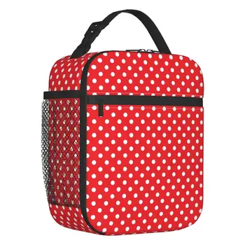 Класически дамски чанта за обяд с изолация в червено и бяло грах, портативен хладилник, термален обяд-бокс, на офиса, на работа, на училище