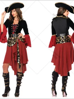 Костюм на пират за грим за Хелоуин, защото капитан Джак, а за възрастни дамски дрехи за изпълнения на Карибски пирати, костюм за cosplay, жена