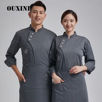 Кухненски облекла за жени и мъже, зимно работно облекло готвачите на ресторанта, униформи готвач, сива риза с наклонена катарама, висококачествено палто на главния готвач